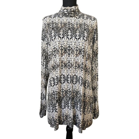 Investments Essentials XL Tunic Top Liquid Knit black white tan Print Long Sleev - Picture 1 of 8